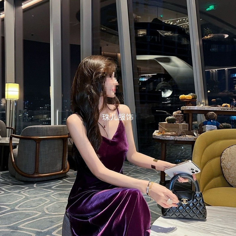 New Acetate Camisole Dress, Banquet-Style Velvet Dress, Autumn and Winter Temperament Long Skirt, Suspender Skirt