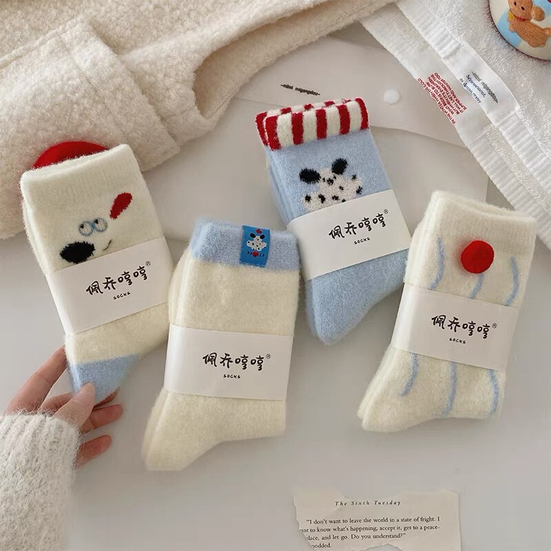 Cute plush socks for women, autumn and winter, Australian wool, postpartum socks, fleece-lined, thickened, warm, for sleeping and lounging at home