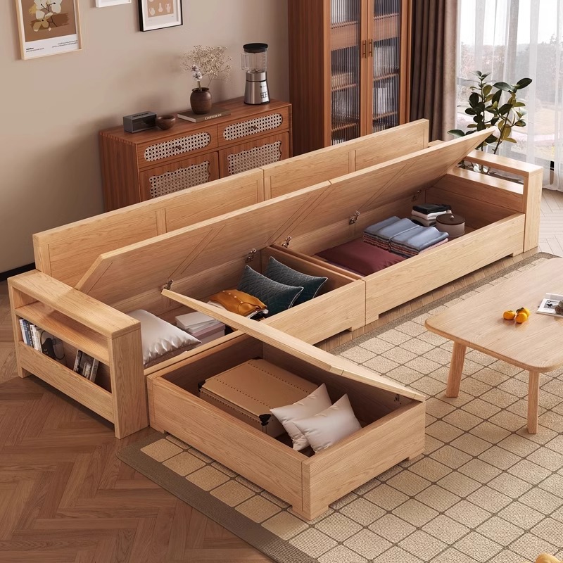 Sofá de madera sólida nórdica sofá de tela de madera de cera blanca simple sala de estar doméstica de madera de madera de tres filas