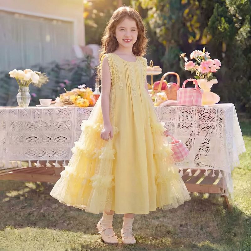 Zhili children's clothing, little girl's gorgeous princess dress, summer 2026 new style, children's Korean style yellow dress for girls.