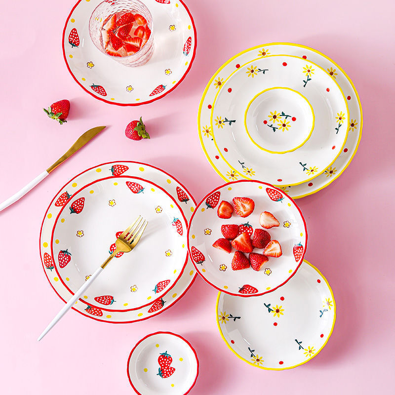 Strawberry Ceramic Plate Cute Dish Plate Home Creative Breakfast Internet-Famous Ins Creative Dinner Plate Tableware Bowl and Plate Set