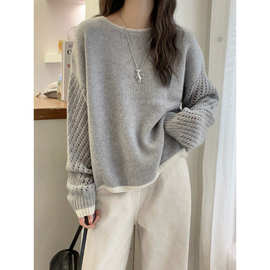 镂空毛衣女套头2025春季新款洋气针织衫简约拼接韩版宽松百搭上衣