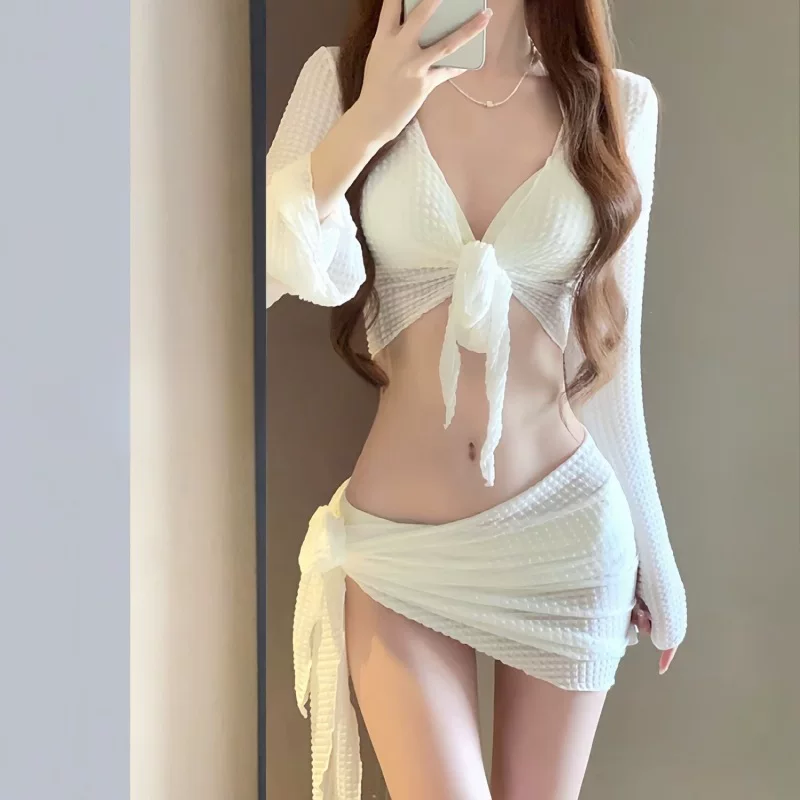 Swimwear, white set, 4 piece set, fitted