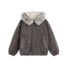 美式复古连帽宽松外套男双面穿仿兔毛复古毛领连帽座山雕棉服外套