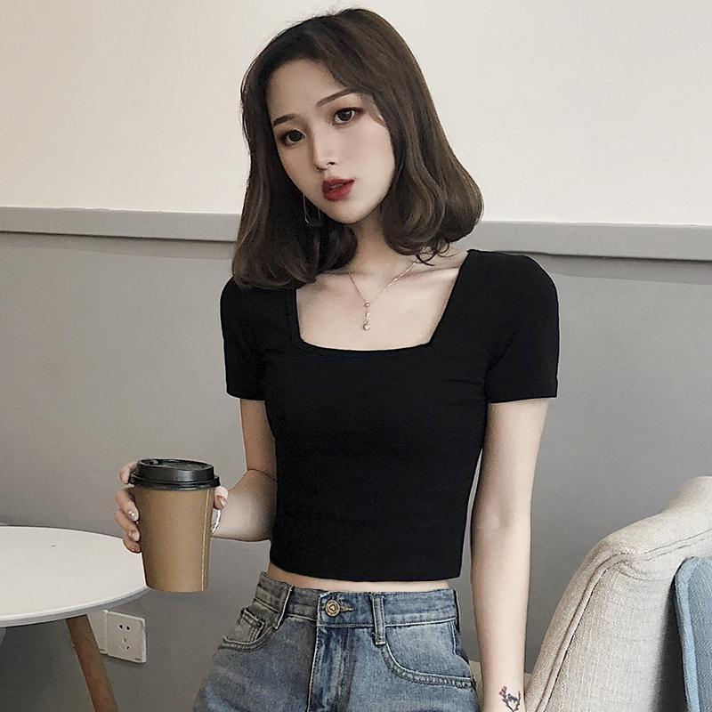 블랙 티셔츠 여성용 반팔 여름 스퀘어 넥 타이트 쇼트 하이 웨이스트 디자인 배꼽 노출 로우 넥 탑 섹시한 바닥