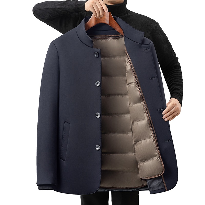 Comfortable, warm, thick woolen overcoat for middle-aged and elderly men, suitable for winter with detachable down lining, versatile outerwear.