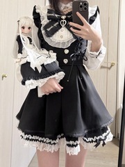 少女感减龄学院风拼接长袖连衣裙重工木耳边短裙秋季显瘦两件套装