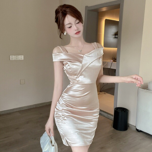 Elastic Satin Off the Shoulder Hanging Strap Wrapped Hip Dress