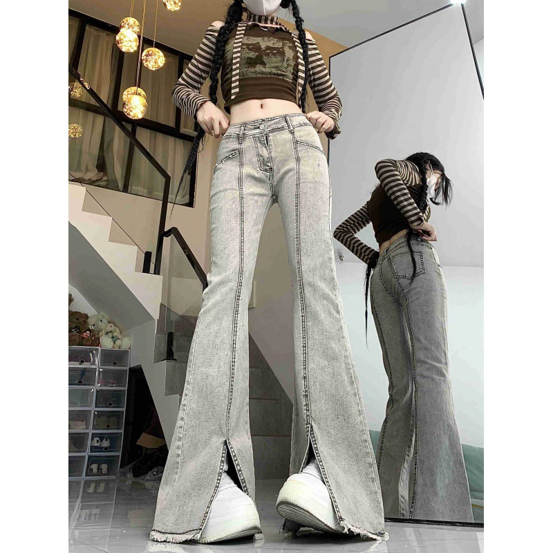 Реже цена! Американские джинсы Женская ниша Горячая девушка тонкая и тонкая, вымытые серые расклешенные брюки ins