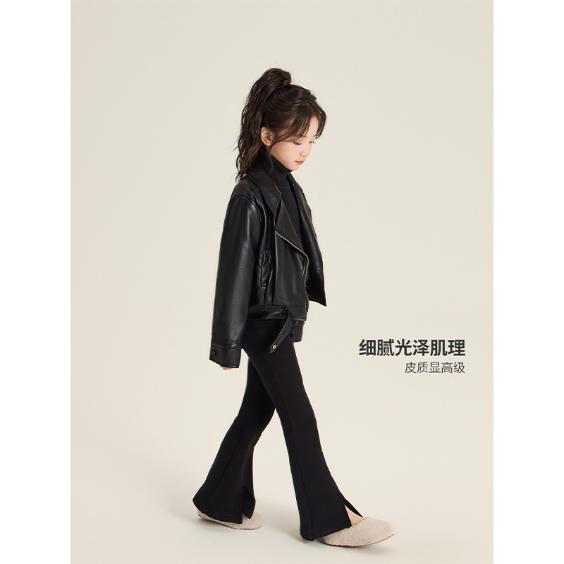 AMYBABY GIRLS TOP WINTER 2024 새로운 스타일 올 매치 원피스 칼라 퀼트 짧은 가죽 코트