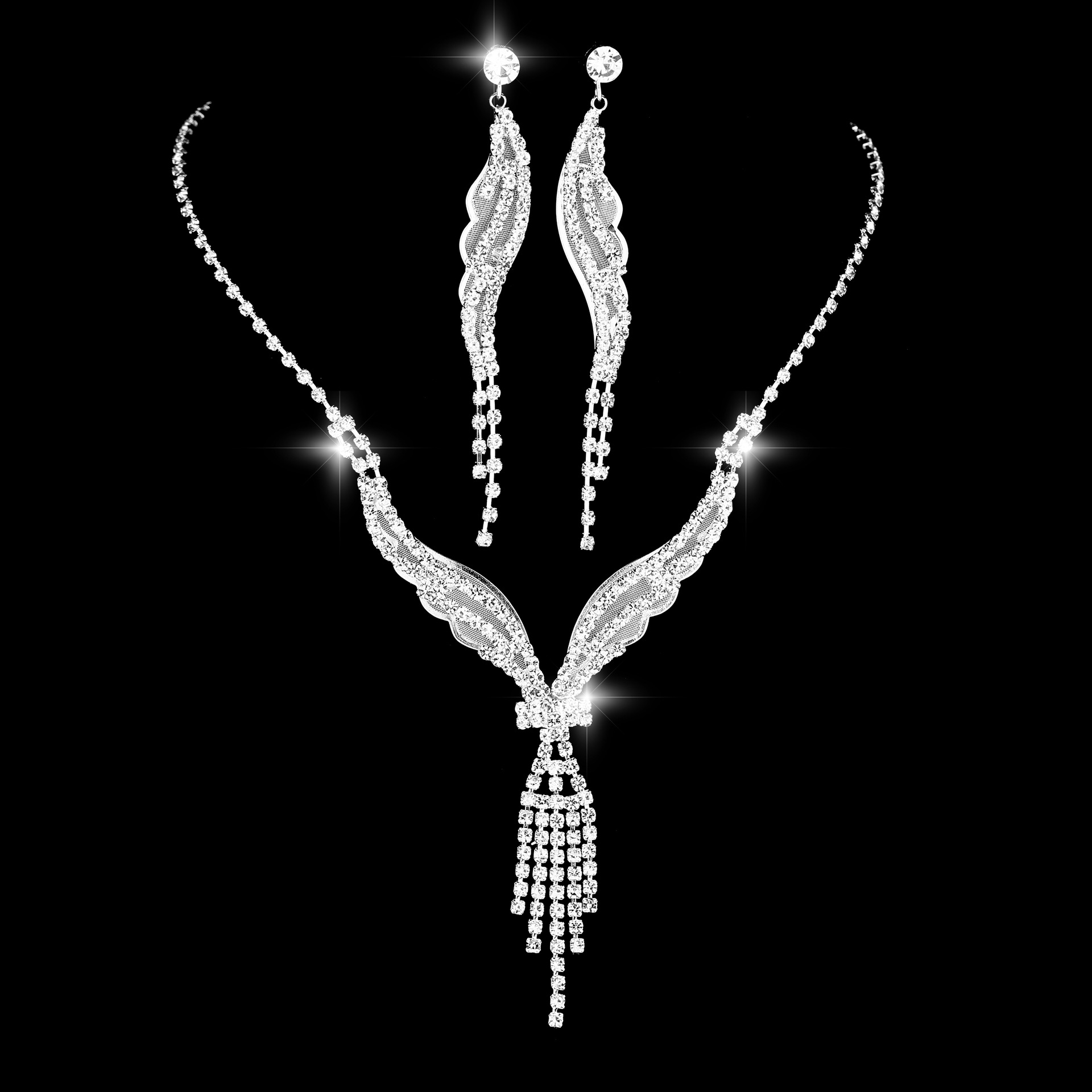 New Bridal Necklace Earrings Jewelry Crystal Pendant Tassel Long Set