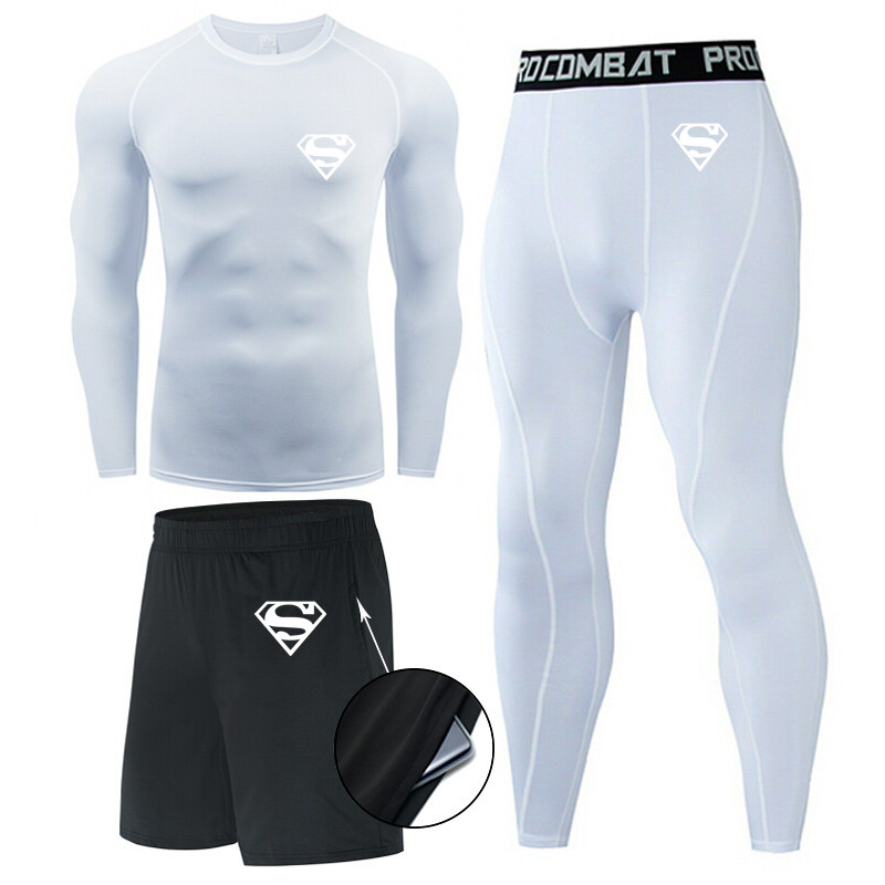 Traje de hombre de compresión de tres piezas de secado rápido medias de manga corta para correr traje deportivo ropa de entrenamiento de baloncesto gimnasio