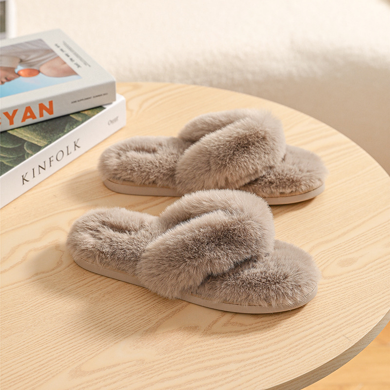 halluci Winter New Fluffy Silk Plush Thong Toe Cotton Slippers Japanese Solid Color Home Flip-Flops for Women