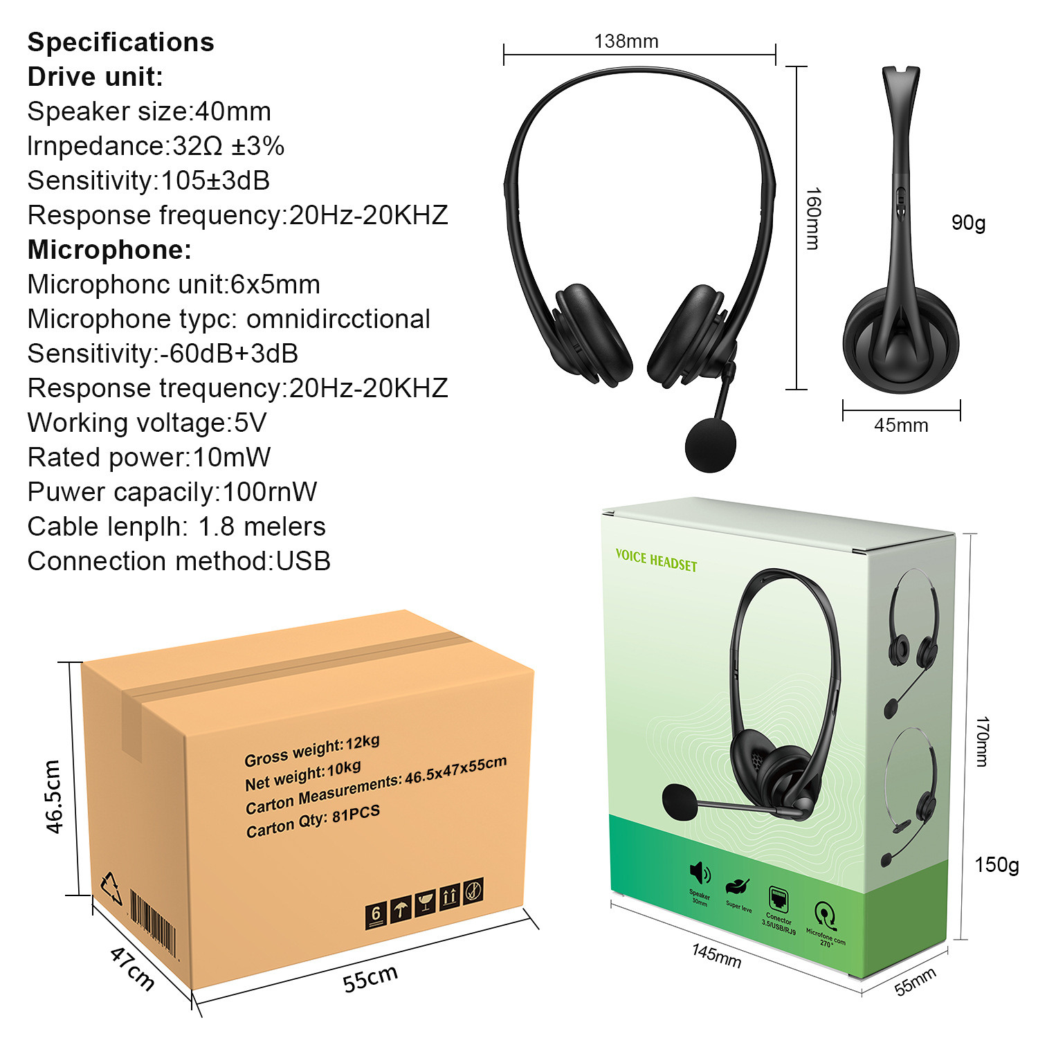 Auriculares con cable para exámenes de estudiantes al por mayor Auriculares USB para operadores comerciales