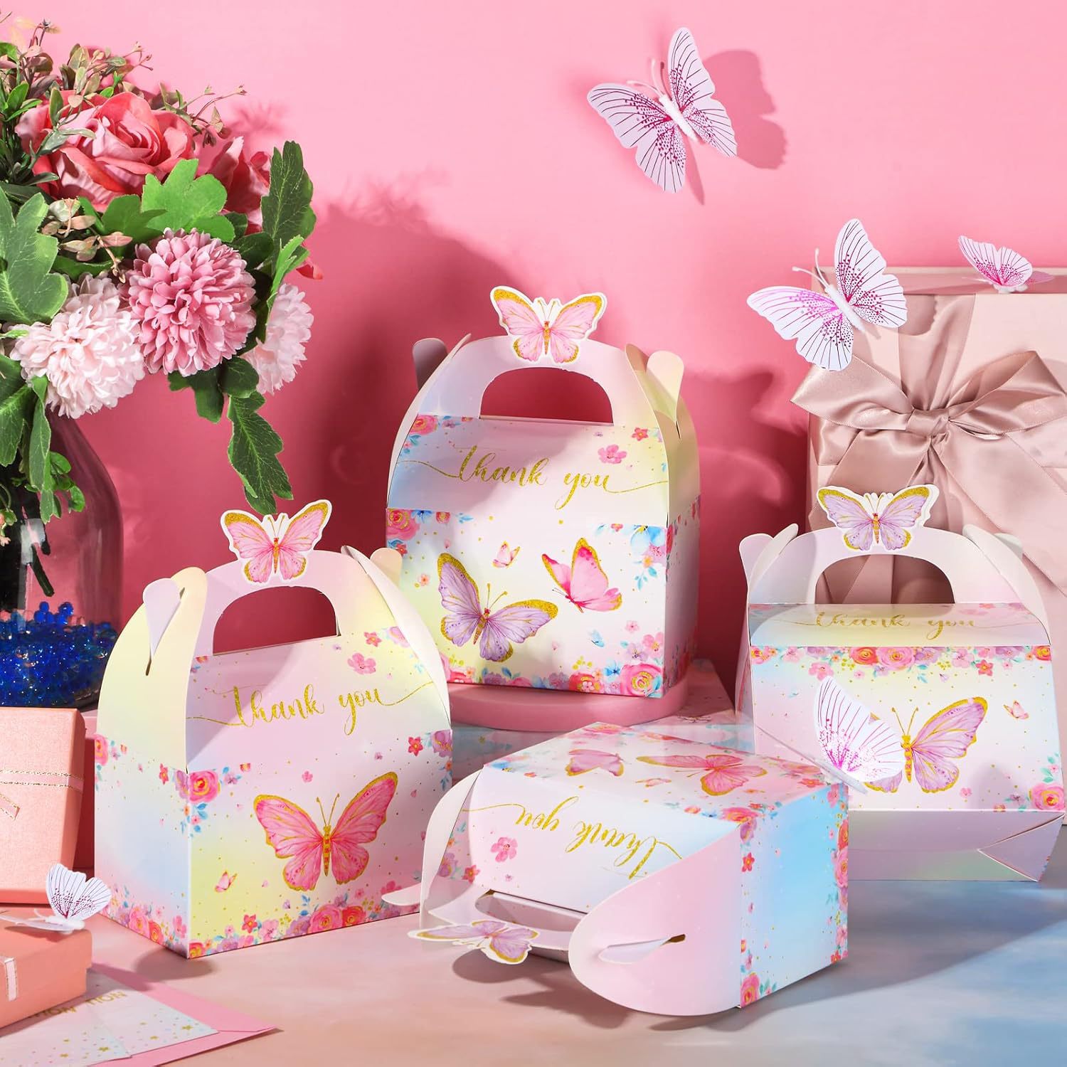 Nezyo 24 piezas Butterfly Party Gift Candy Box, Butterfly Flower Candy Box Pink y Purple Gift Paper