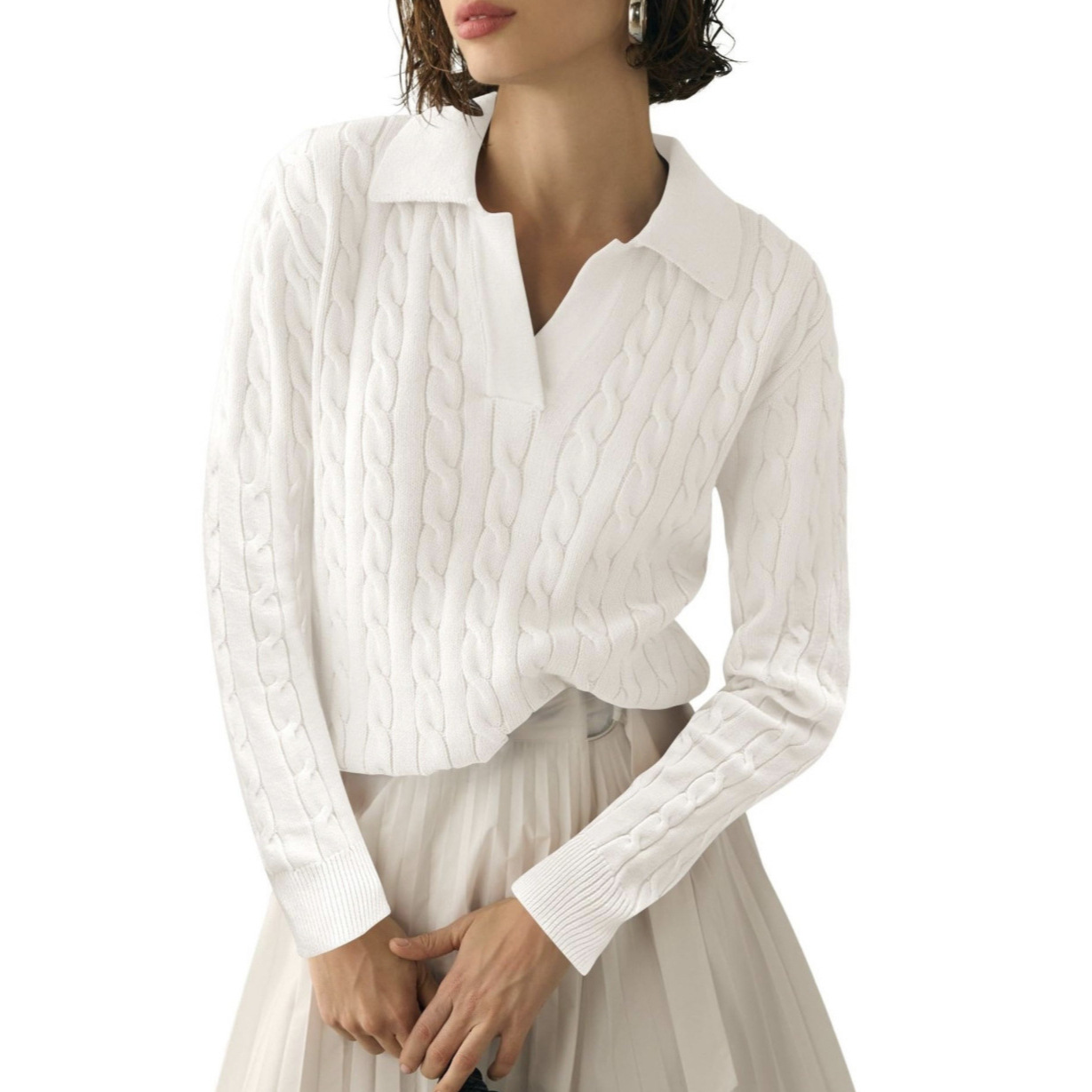 亚马逊V领绞花针织套头衫2025跨境新款欧美秋冬翻领休闲 柔软毛衣