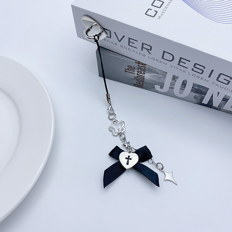 Handmade Cross-Border Y2K Japanese Style Black Ribbon Heart Cross Star Pendant Mobile Phone Chain Bag Pendant Batch