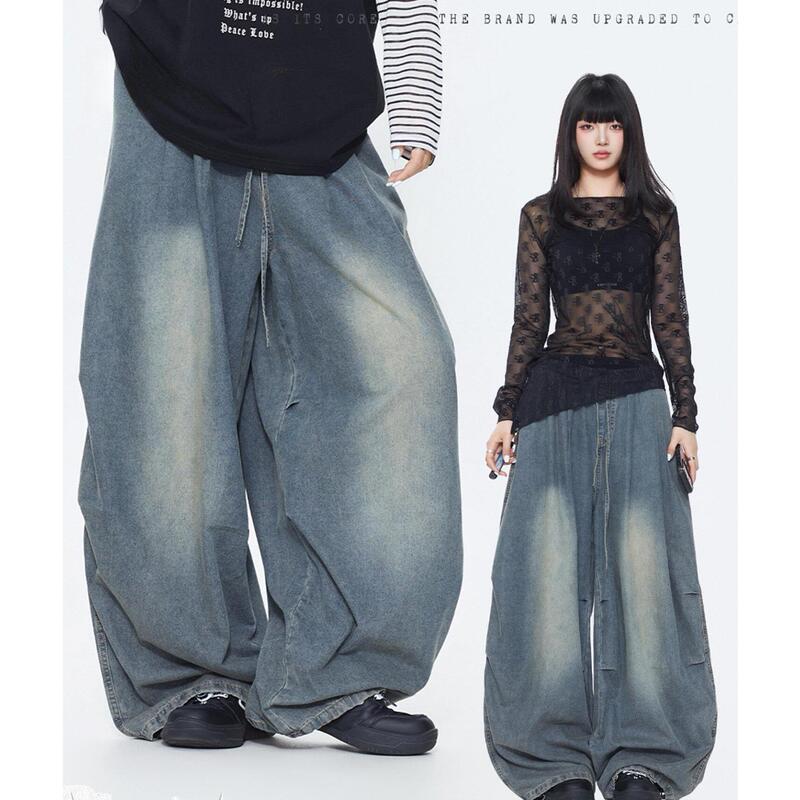 Street Dance Trendy Brand Flowy Water-Style Oversized Dark Blue Gothic Denim Wide-Leg Hip-Hop Street Casual Pants for Women Street Dance Trendy Brand Flowy Water-Style Oversized Dark Blue Gothic Denim Wide-Leg Hip-Hop Street Casual Pants for Women
