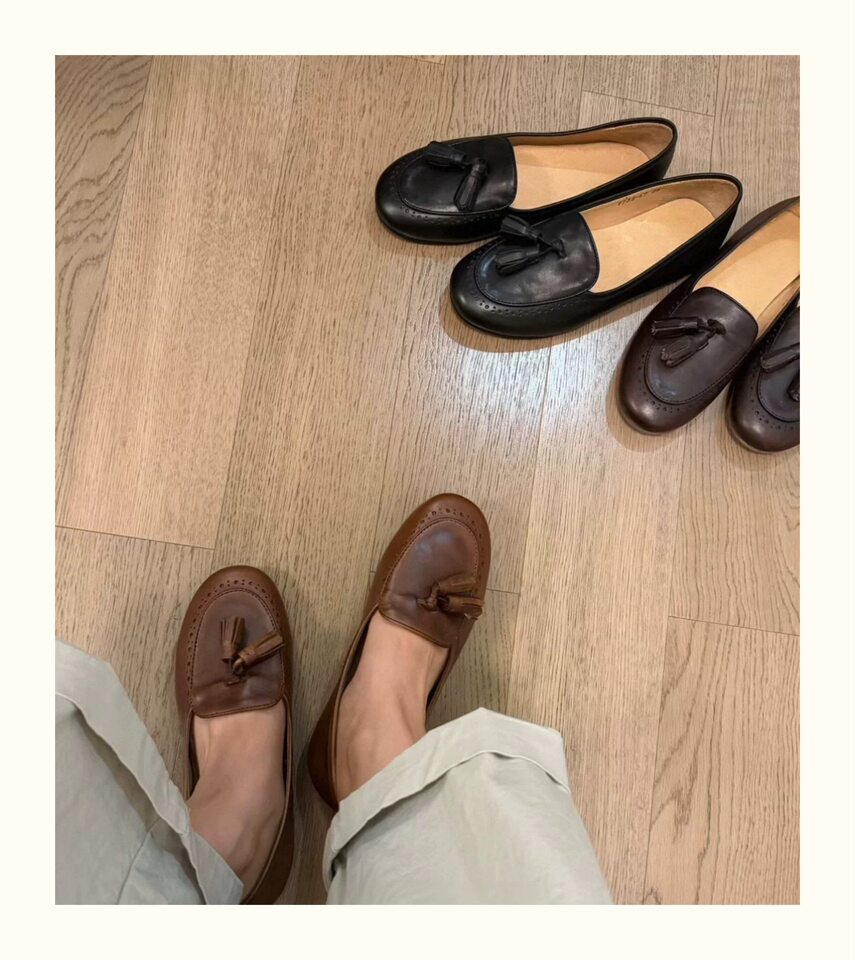 Giày lười nữ da bò mũi tròn tua rua cổ thấp đế bệt — Màu nâu, Màu nâu cà phê, màu đen chi tiết 12