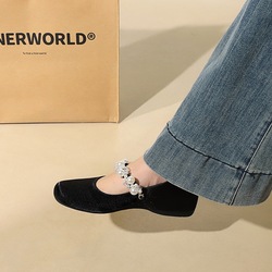 835-K217 Korean style elegant socialite women's shoes with increased height, square toe, shallow mouth, pearl straight buckle strap, single shoe for women