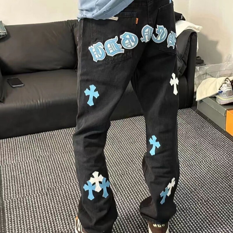 High Street American-Style Pants with Leather Cross Limited Edition Loose Stylish Unisex Washed Long Straight Jeans