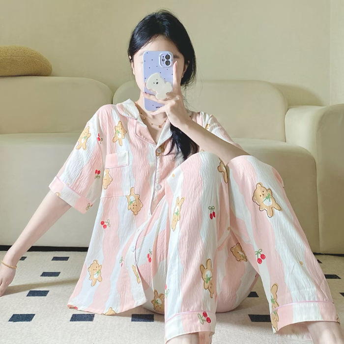 Verano nuevo pijama de amor mujer adorable oso simple ocio delgado nubes algodón ropa doméstica dos piezas conjunto al por mayor