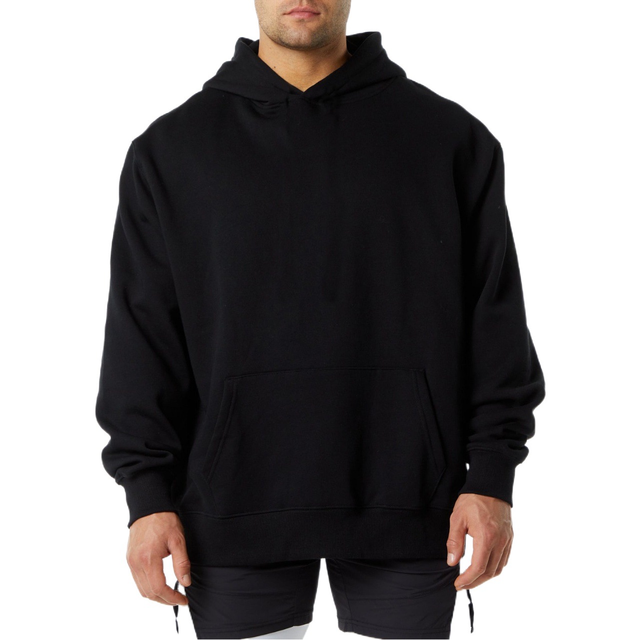 Autumn and Winter fleece-lined thickened sports casual hooded sweater Men's Heavy loose American solid color pullover hoodie