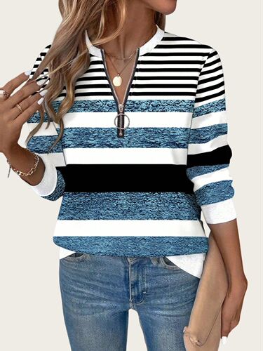 European and American women's clothing autumn and winter new long-sleeved round neck black and white striped shirt large size casual half-zipper sweater for women