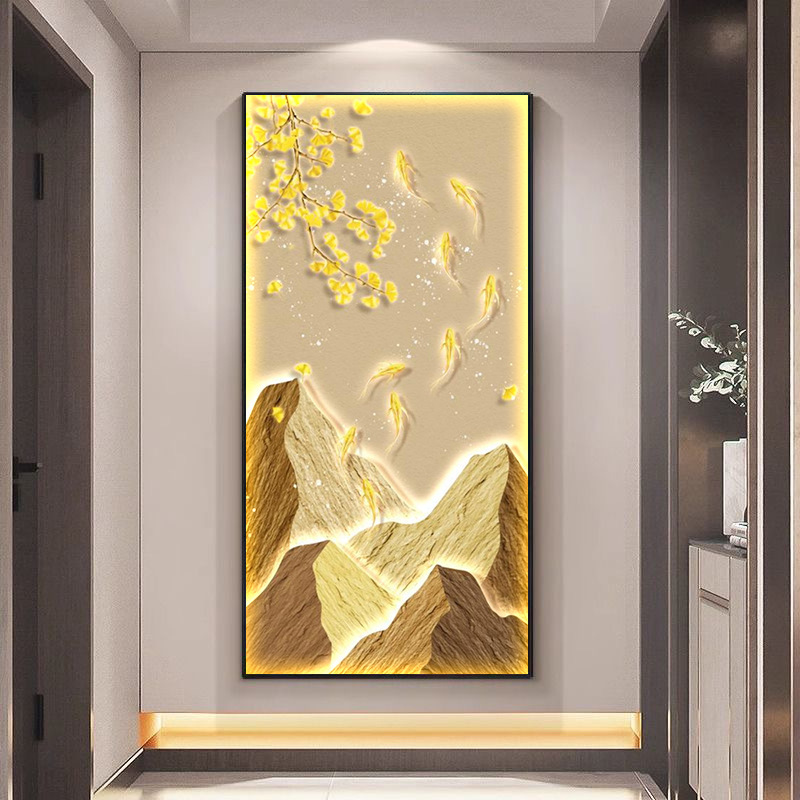 九鱼图玄关装饰画新中式山水走廊过道壁画灯画入户正对门客厅挂画|undefined