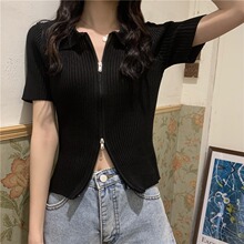 双拉链正肩冰丝针织衫女2024新款夏季短款修身设计感开衫t恤短袖