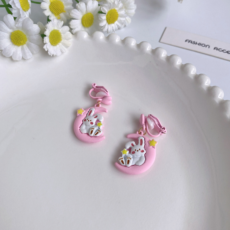 1 Pair Sweet Rabbit Moon Enamel Stoving Varnish Plating Alloy Drop Earrings display picture 4