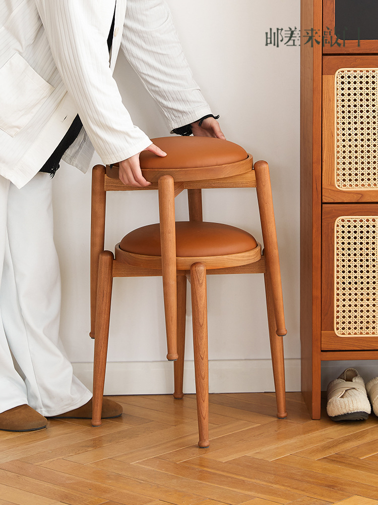 Nordic solid cherry wood stackable small stool with soft cushioned seat, decorative stool for dining room, home use, shoe changing step stool