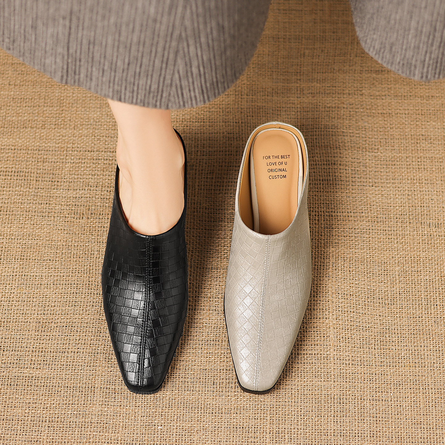 Sandal nữ bít mũi gót thô 5 cm, da bò đơn giản mùa xuân hè — đen