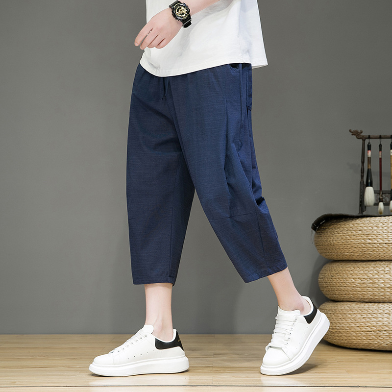 Pantalones cortos de lino, pantalones finos de verano para hombres, pantalones rectos sueltos, pantalones de 7 puntos de algodón y lino de estilo chino, pantalones cortos casuales
