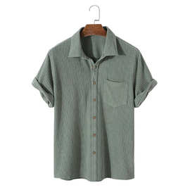 跨境外贸衬衫2023夏季男士新款港风华夫格简约纯色单排扣翻领衬衣