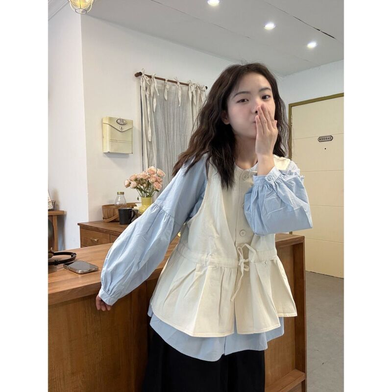 宽松百搭圆领长袖衬衫叠穿绑带马甲套装2025春秋新款时尚两件套女|undefined