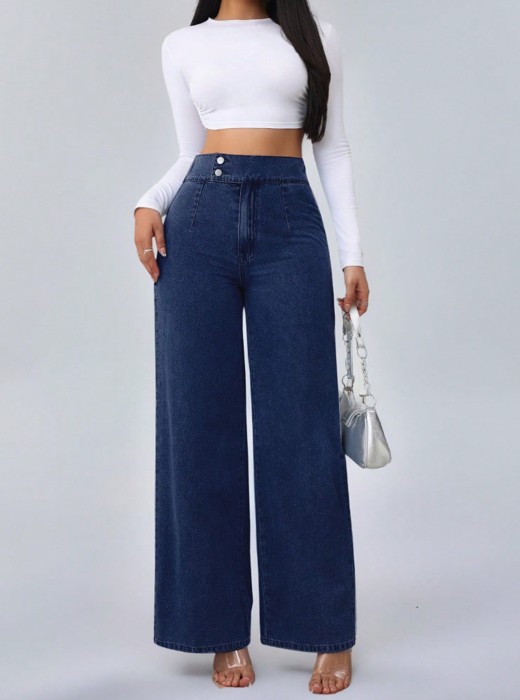Högmidjade jeans med raka ben för damer med dubbla knappar_voghion.com