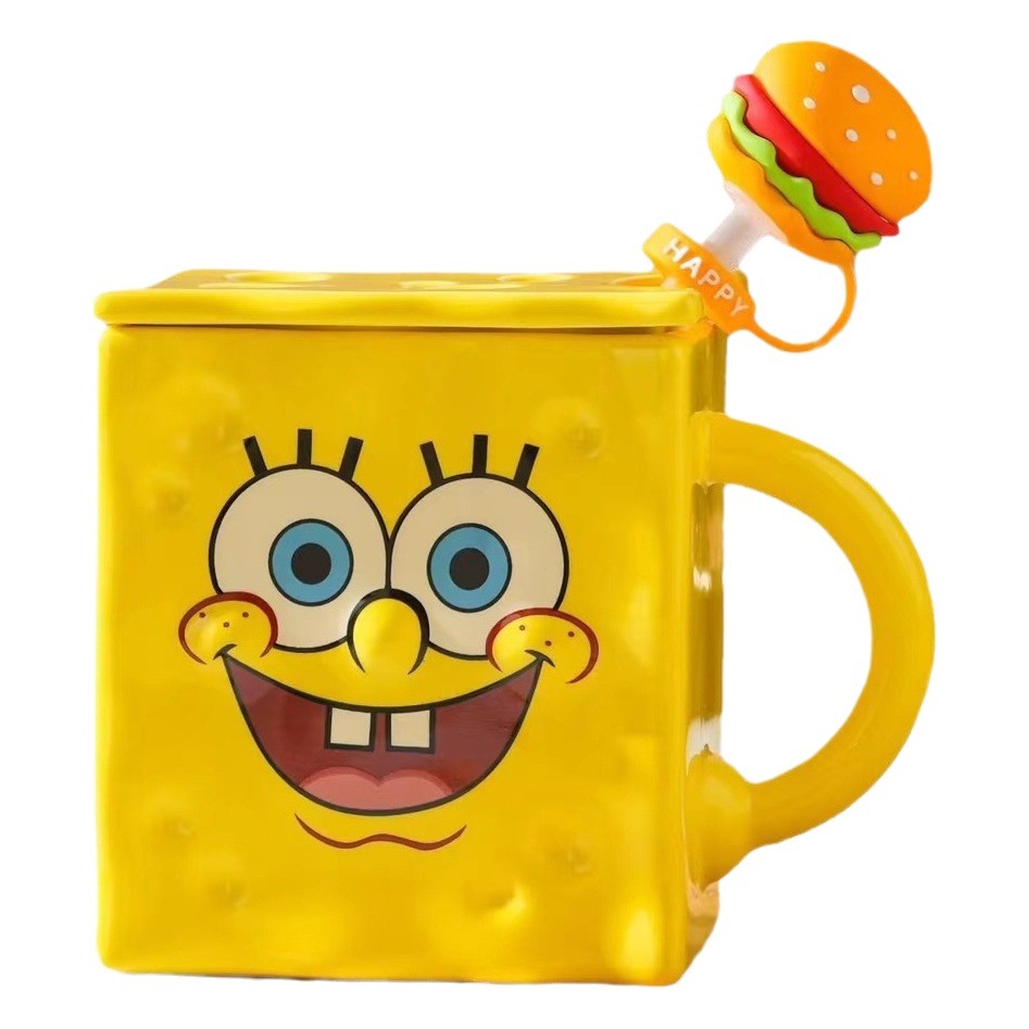 Personalidad creativa esponja bebé productos genuinos autorizado de dibujos animados taza de agua de cerámica regalo taza de paja con tapa
