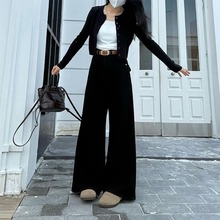 2024新款时尚百搭黑色加绒阔腿牛仔裤女秋冬季新款宽松垂感拖地裤