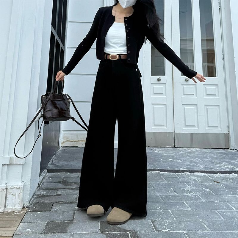 2024新款时尚百搭黑色加绒阔腿牛仔裤女秋冬季新款宽松垂感拖地裤