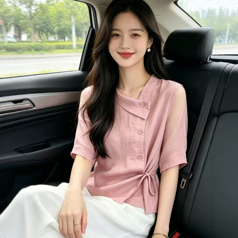 【Dropshipping】New Stylish and Chic Irregular Collar Design Versatile Short-Sleeve Blouse for Women Cross-Border 【Dropshipping】New Stylish and Chic Irregular Collar Design Versatile Short-Sleeve Blouse for Women Cross-Border