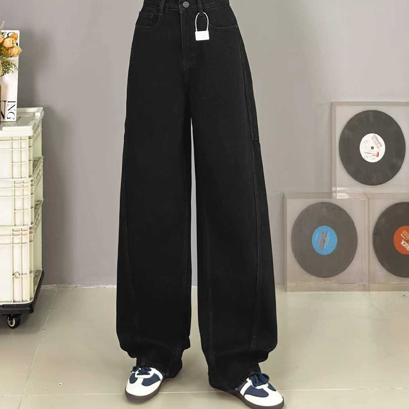 High-Waisted Black Wide-Leg Jeans, Loose Spring and Autumn New Style, Slimming for Petite Figures, Pear-Shaped Body, Wide-Leg Scimitar Pants