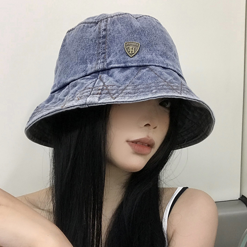 Sombrero de pescador de vaqueros para mujeres primavera y otoño retro sombrero de balde de agua muestra la cara pequeña versátil sombrero de protección solar contra el sol