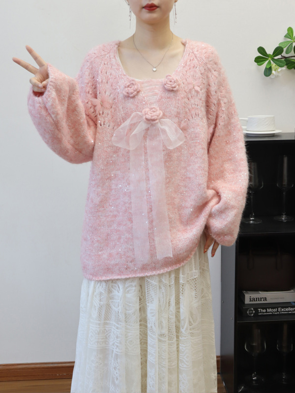 2025秋冬新款中长款立体花朵蝴蝶结甜美针织衫上衣宽松毛衣套头女|undefined
