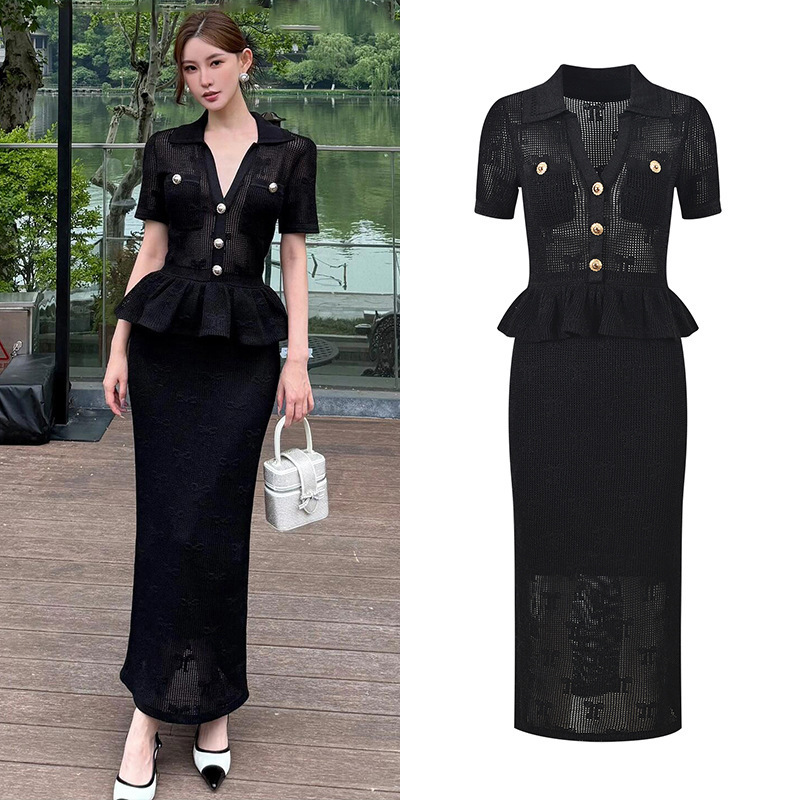 2025 Summer New Style Black V-Neck Elegant and Fashionable Slim-Fit Ruffle Splicing Long Dress 2025 Summer New Style Black V-Neck Elegant and Fashionable Slim-Fit Ruffle Splicing Long Dress