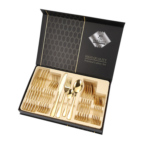 Cutlery Cross-Border 24-Piece Stainless Steel Tableware Set with Knife, Fork, Spoon, Home Storage Stand, Gold Gift Box