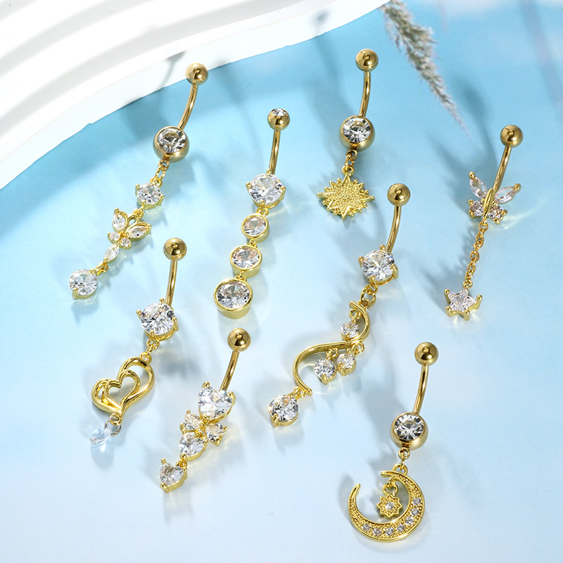 Stainless Steel Belly Button Ring Set - 8 Piece Butterfly Star Dangle Umbilical Jewelry Gold detail image 7