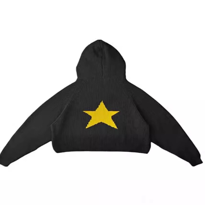 2024 Amazon AliExpress Trend Autumn and Winter Five-pointed Star Pit Strip Men's and Women's Knitted Long-sleeved Hooded Sweater Women