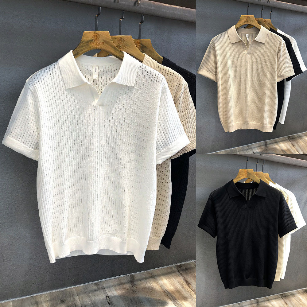 Camiseta polo de manga corta camiseta de punto hombre cuello V gaviota cuello agujero camiseta fábrica transfronteriza verano al por mayor viejo dinero polo