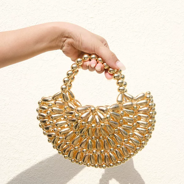 French-Style Retro Luxury Hand-Beaded Handbag with Metallic Texture, Beaded Party Holiday Evening Bag